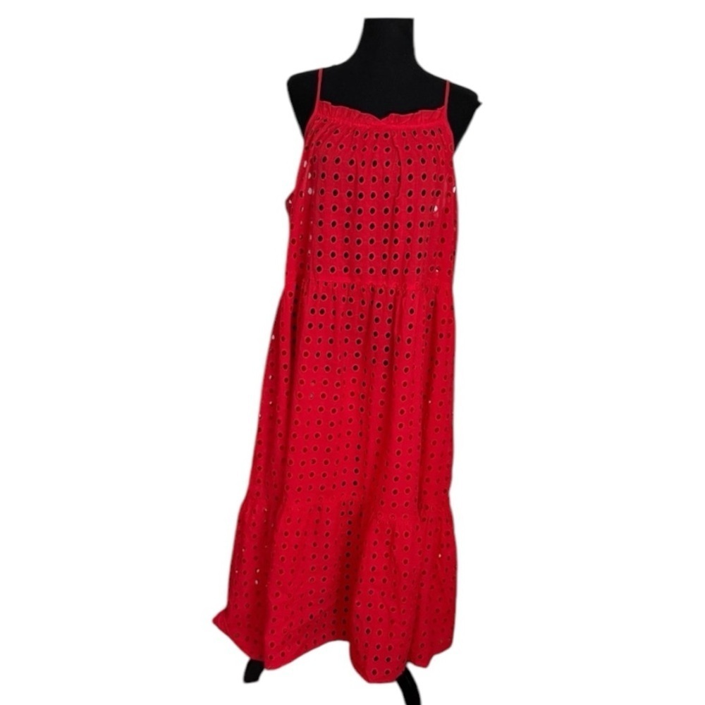 True Destinations Red Eyelet Maxi Dress Women’s L 100% Cotton Boho